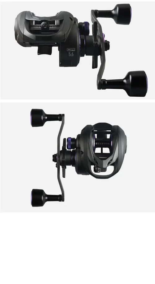 Black baitcasting fishing reel with dual handle grips and compact frame, side views