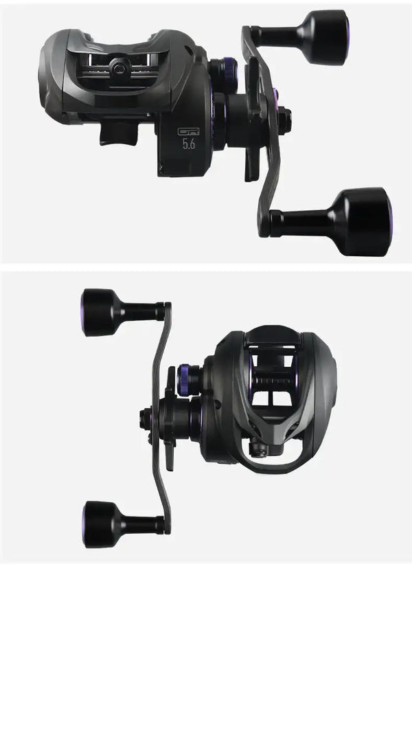 Black baitcasting fishing reel with dual handle grips and compact frame, side views