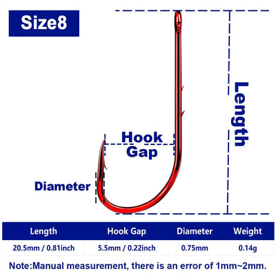 Red baitholder long-shank fishing hook, Size 8, high carbon steel