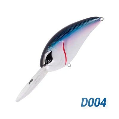 White-blue floating minnow crankbait with red stripe and D004 label