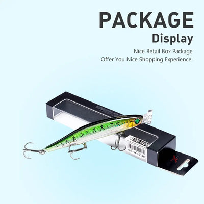 Floating fishing lure in retail box, green pattern body with transparent lip and treble hooks