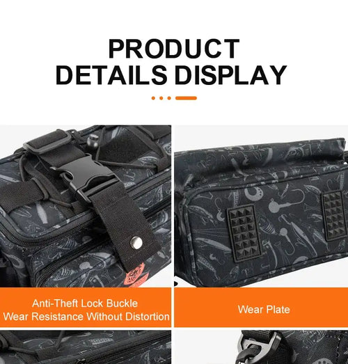 Fishing tackle bag with anti-theft lock buckle and wear-resistant plates on front panels