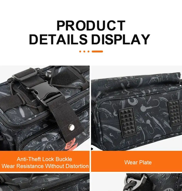 Fishing tackle bag with anti-theft lock buckle and wear-resistant plates on front panels