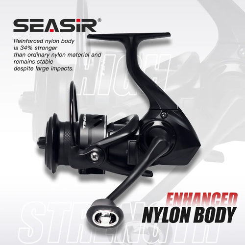 Black spinning reel with curved handle and large front spool