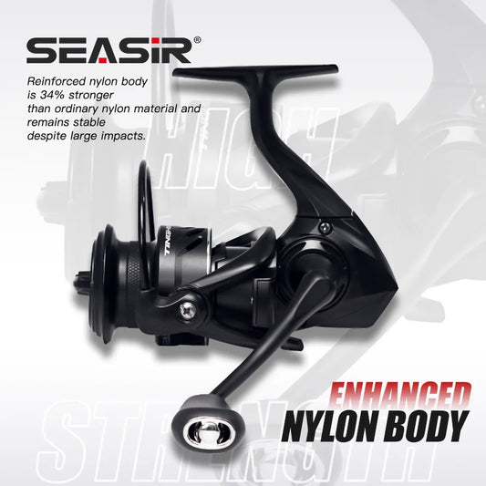 Black spinning reel with curved handle and large front spool