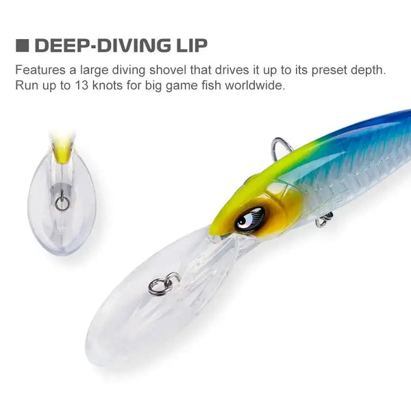 Deep-diving lip minnow lure with diving shovel lip and treble hook, yellow-green and blue