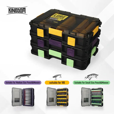KINGDOM lure storage box with black shell and multiple colored drawer modules