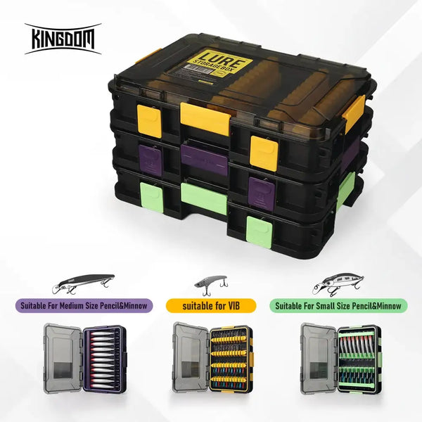 KINGDOM lure storage box with black shell and multiple colored drawer modules