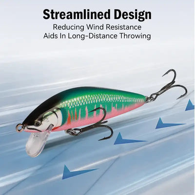 Leydun sinking minnow jerkbait fishing lure in vibrant green and pink hard body with black head and clear lip triple hooks