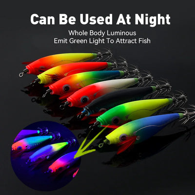 LEYDUN Luminous Squid Jig Set – Horizontal Wood Shrimp | BKK Hooks | ABS Body | 60 & 70 Series | 5-Pack & 14-Pack