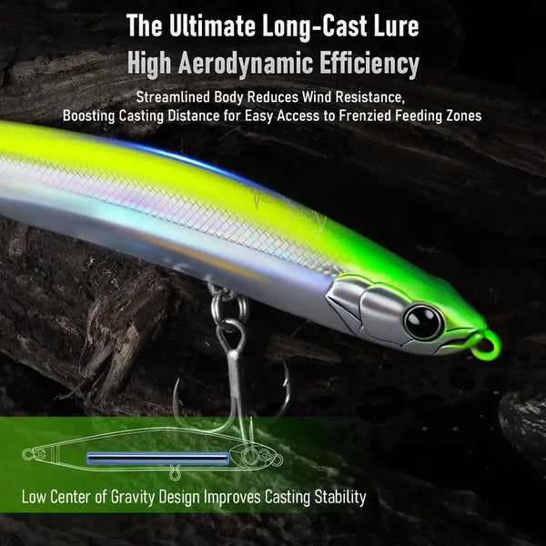 Green and silver sinking pencil lure with line eye and two treble hooks.