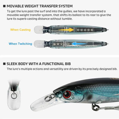 Floating minnow jerkbait with movable weight transfer system shown by action arrows.