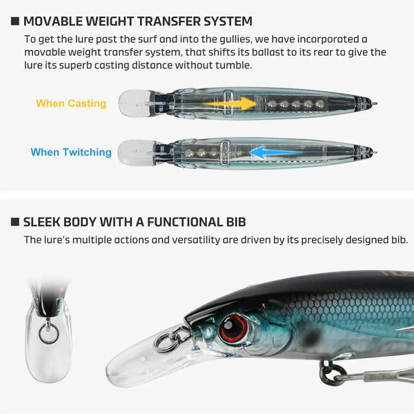 Floating minnow jerkbait with movable weight transfer system shown by action arrows.