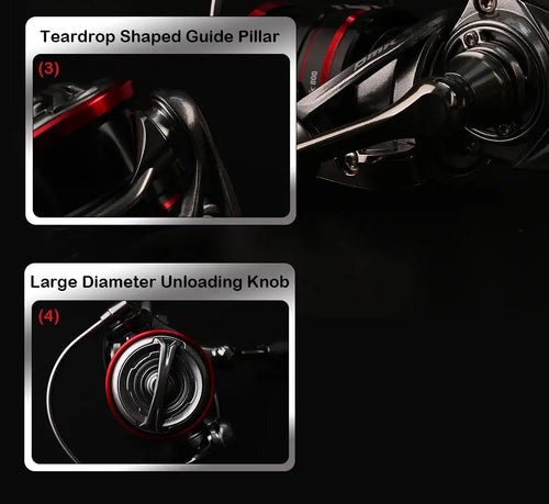 Spinning fishing reel detail with teardrop guide pillar and large unloading knob