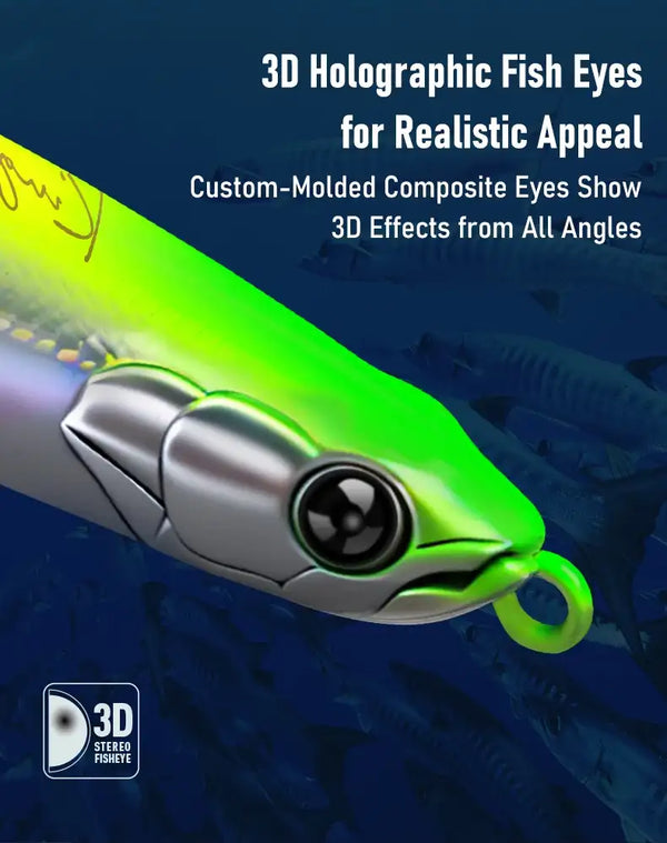 Green holographic pencil fishing lure with 3D black fish eye and split tail