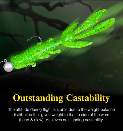 Glow green soft shrimp worm lure with jig head and speckled body