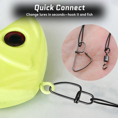 Fishing wire leader with crosslock snap and barrel swivel, shown attached to a line in close-up