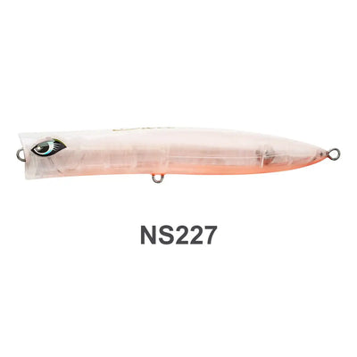 Slim floating wobbler lure, translucent pink body with orange underside and lifelike eye