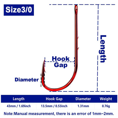 Red baitholder long-shank fishing hook, Size 3/0, high carbon steel