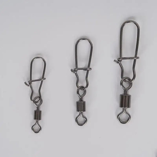 Stainless steel rolling swivel snap connectors, three hanging with snap ends