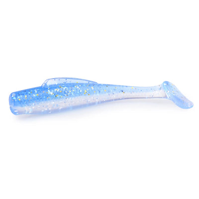 Light blue translucent soft plastic paddle tail minnow with yellow speckles