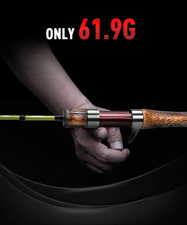 Ultralight fishing rod with lime green shaft and brown wood handle, very light build
