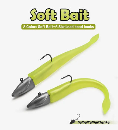Lime green soft bait fishing lure with gray jig head hook and curved tail