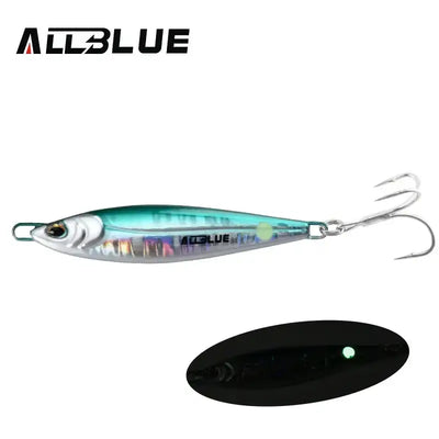 ALLBLUE metal jigging spoon lure, teal holographic body with treble hook