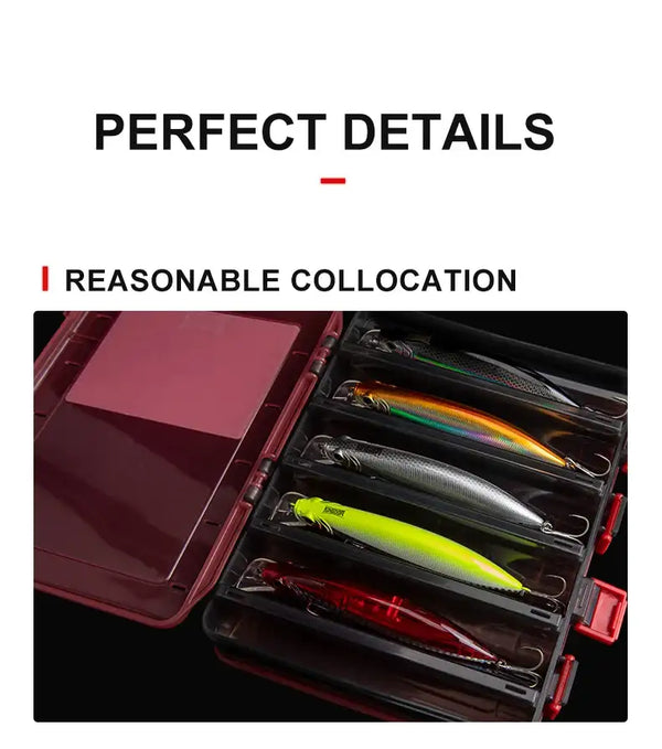 Open red and dark tackle box with lures in molded compartments and Y-shaped slots