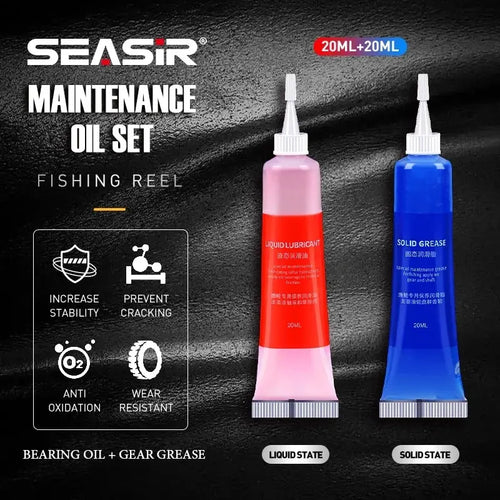 SEASIR fishing reel maintenance oil set with pink liquid lubricant and blue solid grease tubes