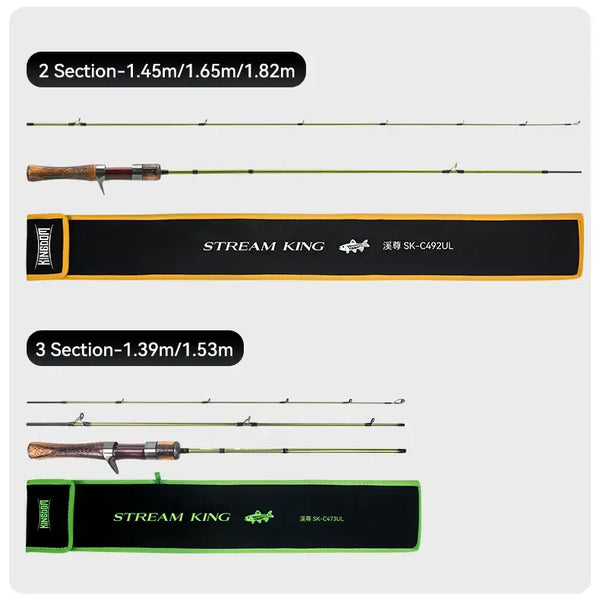 Folded travel fishing rod with multiple sections and black protective carry case