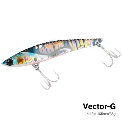 Metal vibration fishing lure, iridescent blue and silver with treble hooks, saltwater bait