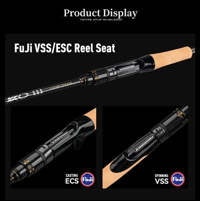 Fishing rod with Fuji VSS/ESC reel seat and cork handle grips.