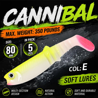 Meredith paddle tail swimbait set, 5-pack, 80mm: pale yellow body with pink paddle tail.