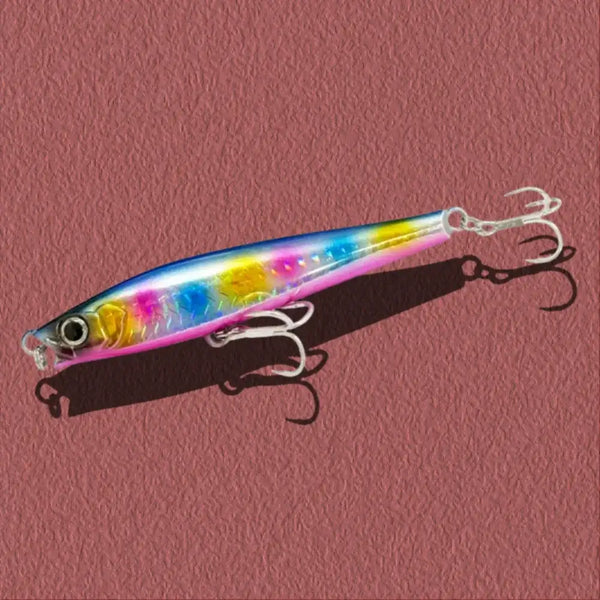 Pink, blue, and yellow iridescent lipless minnow sinking lure with treble hooks