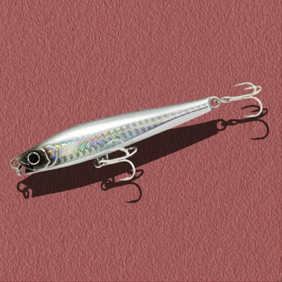 Lipless minnow fishing lure, chrome silver body with holographic fins and three treble hooks