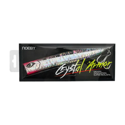 Slim popper hard bait in retail packaging, holographic silver-blue with pink details