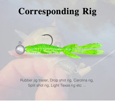 Green soft shrimp worm lure with silver jig head and two fin tail paddles