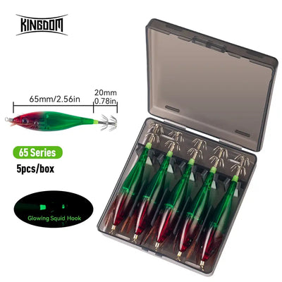 5-piece glowing squid jig lures, green-red bodies in clear tackle box