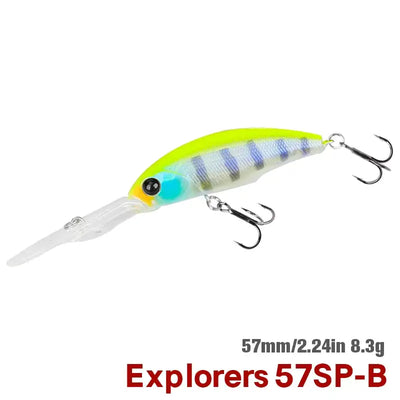 EXPLORERS suspending minnow lure, 57mm; neon chartreuse with blue stripes and treble hooks