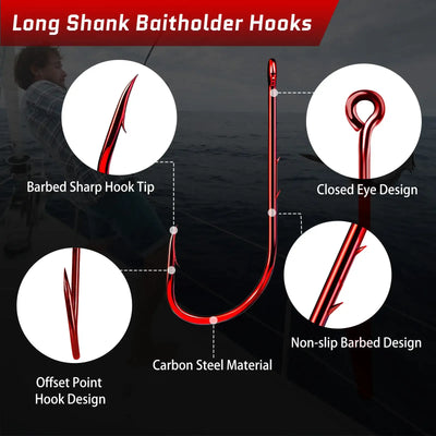 Red long-shank bait holder hooks with barbed point and closed eye design