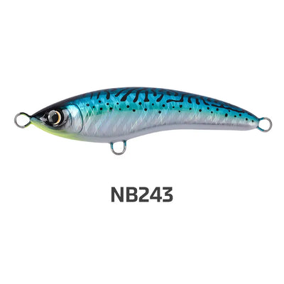 Floating stickbait fishing lure in blue-green with black dots and silver belly