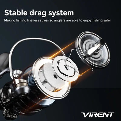 Spinning reel drag system close-up with illuminated spool and rotor parts