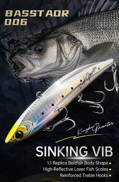 Basstaor 006 sinking lure, silvery body with yellow accents, treble hooks and split rings