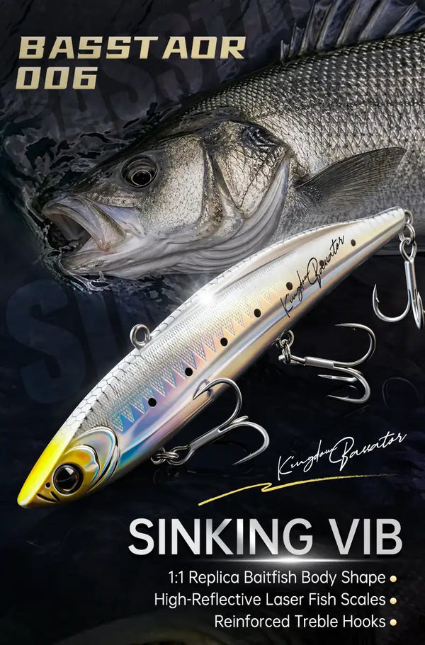 Basstaor 006 sinking lure, silvery body with yellow accents, treble hooks and split rings