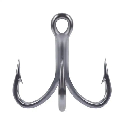 Single treble fishing hook with three barbed points, dark gray metal