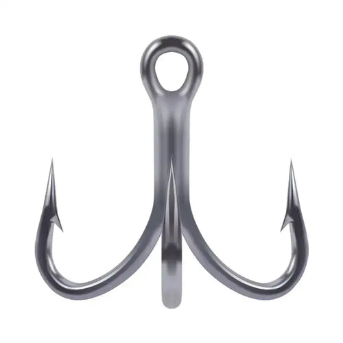 Single treble fishing hook with three barbed points, dark gray metal