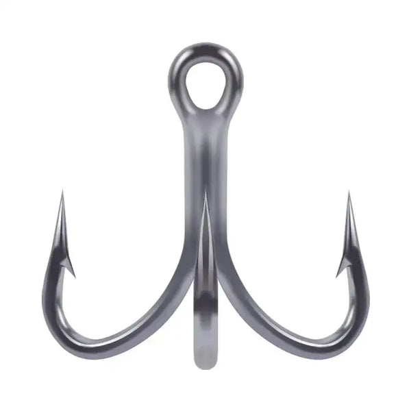 Single treble fishing hook with three barbed points, dark gray metal