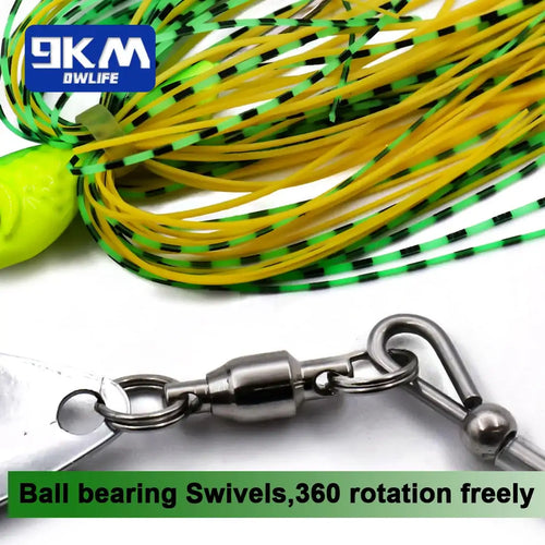 Spinnerbait swivel and skirt detail: ball bearing swivel with green/yellow blades