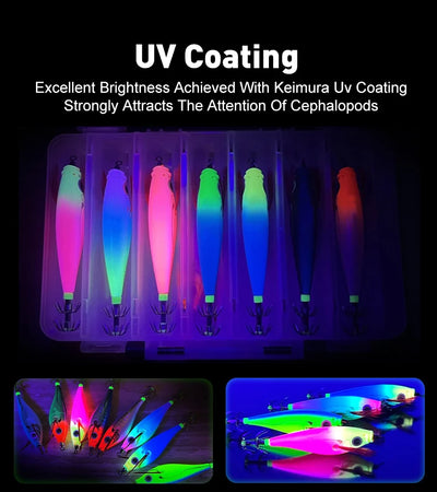 LEYDUN Luminous Squid Jig Set – Horizontal Wood Shrimp | BKK Hooks | ABS Body | 60 & 70 Series | 5-Pack & 14-Pack